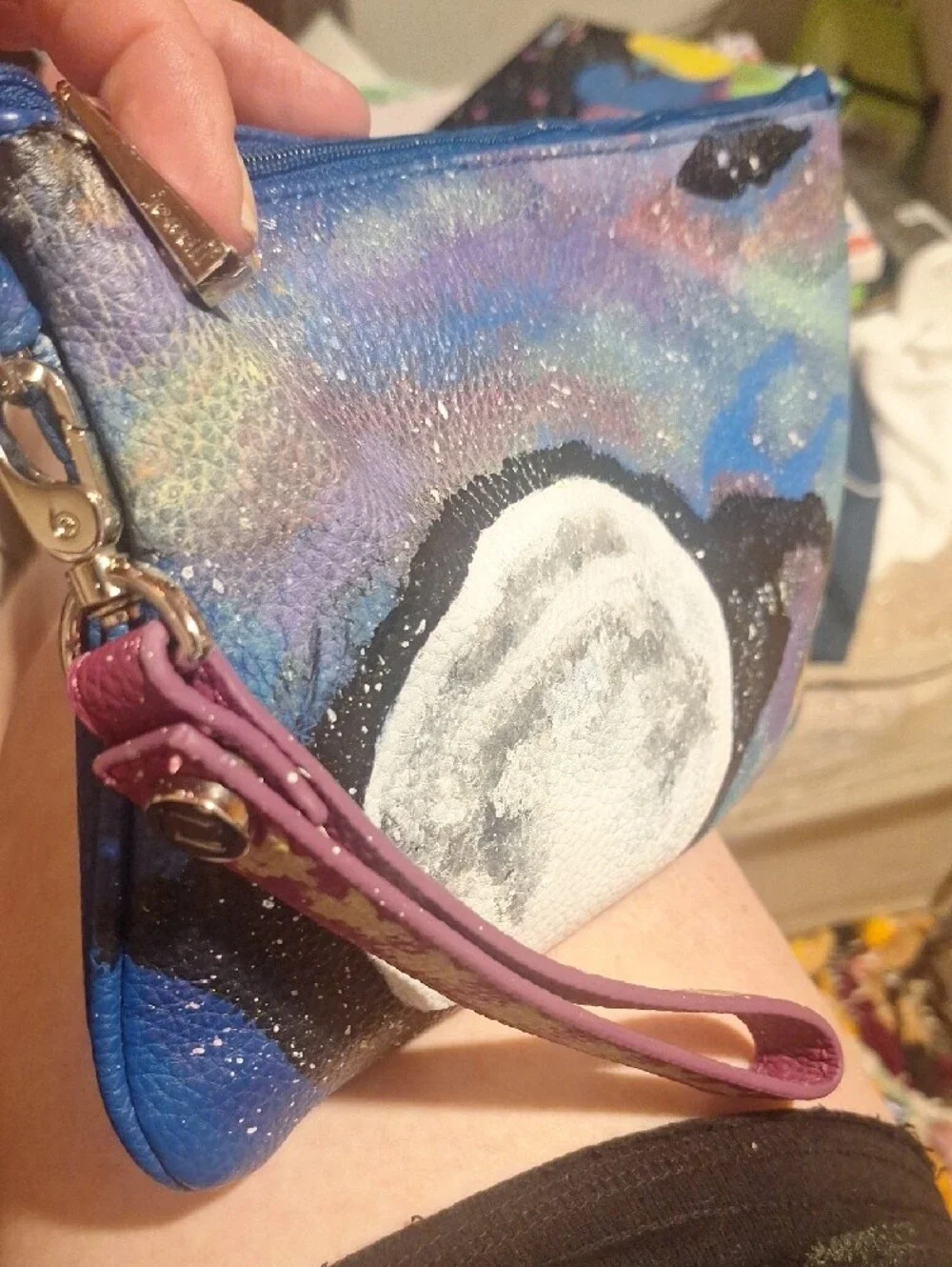 Hand-Painted Moon Wristlet Clutch in Blue & Purple